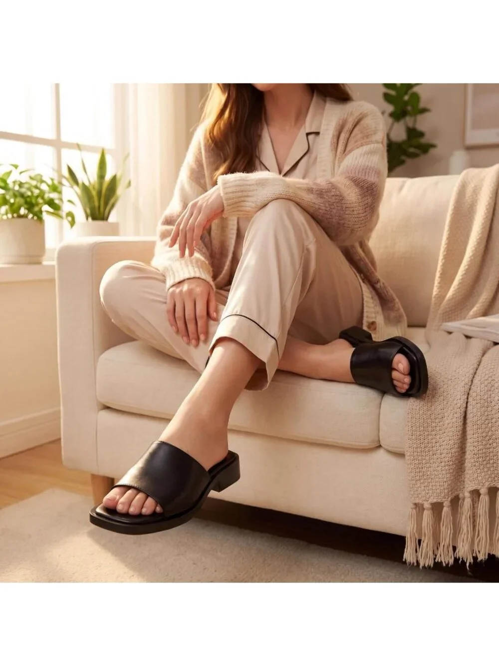 Women’s Black Faux Leather Comfortable Open Toe Fashion Backless Casual Flats